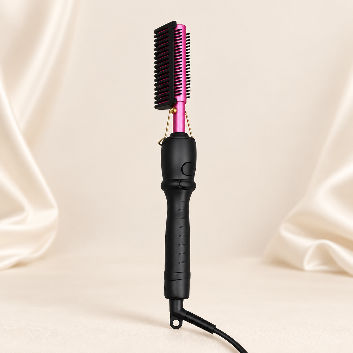 Pink electric hot comb with black guard fitted and matte-black handle on a warm beige background