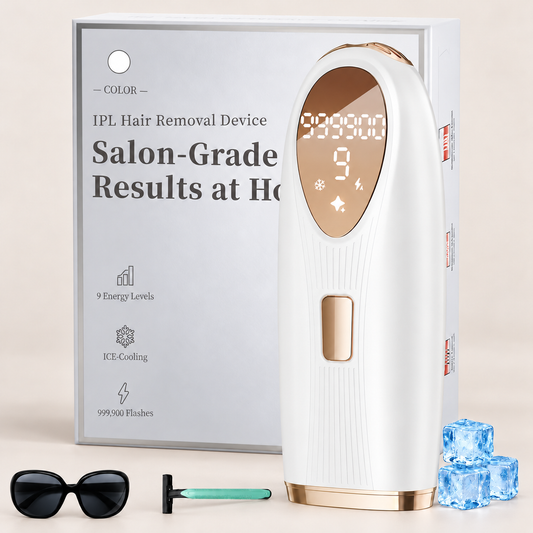 White and champagne-gold ice-cooling IPL device with box, eyewear, razor and three blue decorative ice cubes on beige