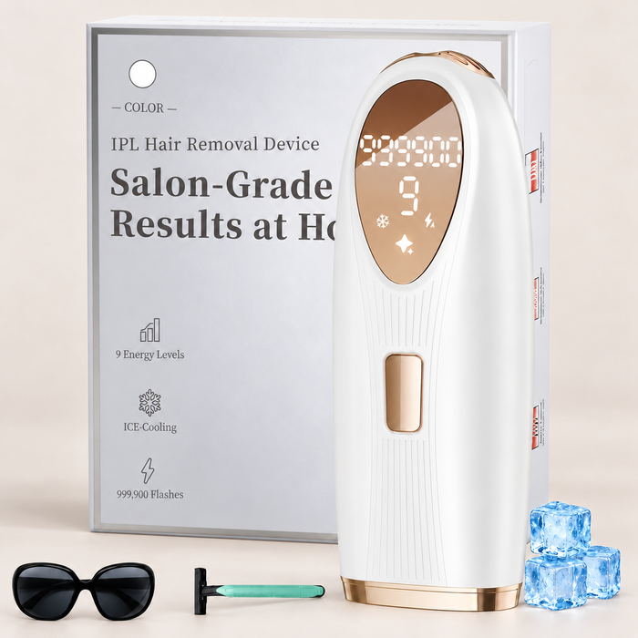 White and champagne-gold ice-cooling IPL device with box, eyewear, razor and three blue decorative ice cubes on beige
