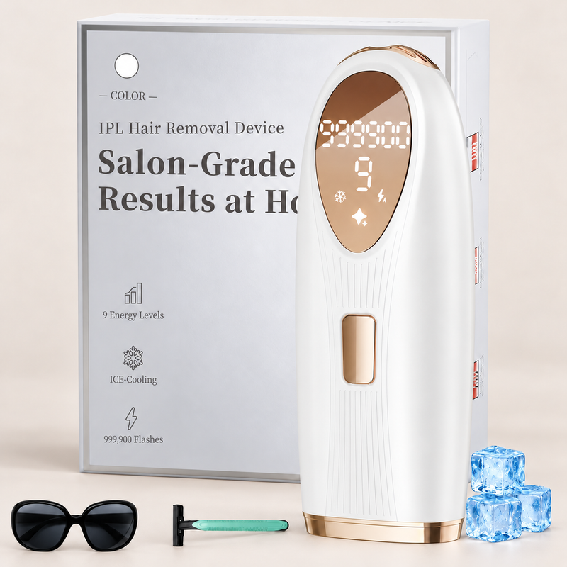 White and champagne-gold ice-cooling IPL device with box, eyewear, razor and three blue decorative ice cubes on beige