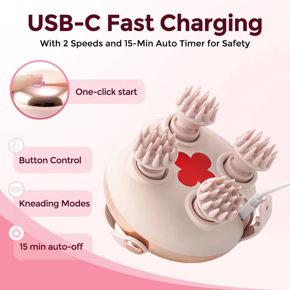 USB-C rechargeable scalp massager with two speed settings and 15-minute auto-off