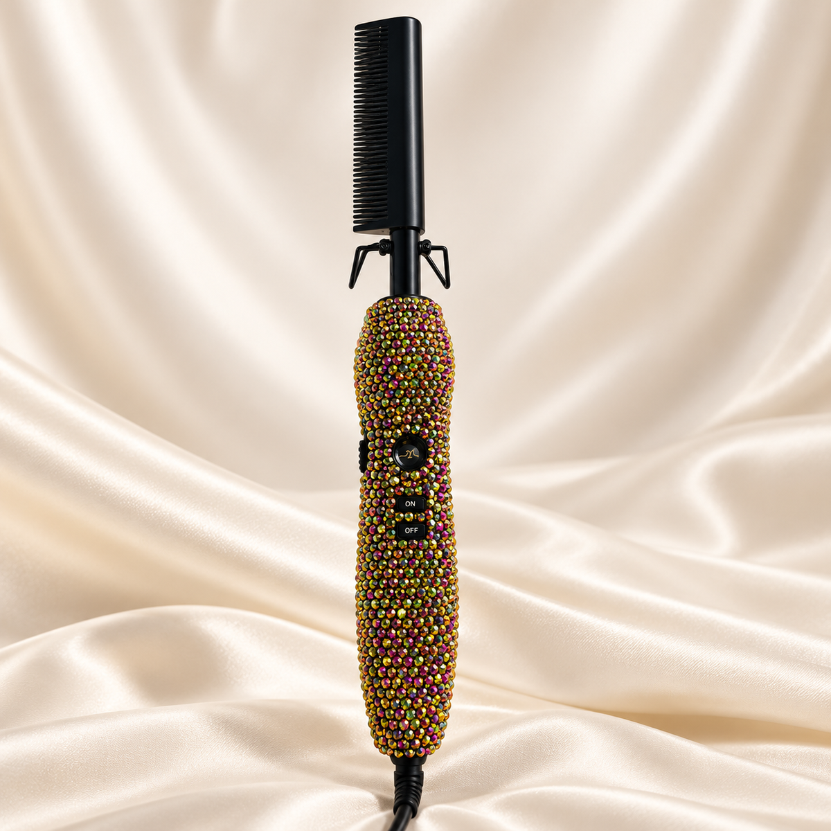 Iridescent · Black Comb rhinestone electric hot comb on cream satin