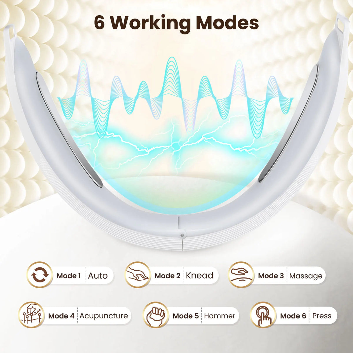 Supplier illustration of the 106D36 electrodes and six mode labels: Auto, Knead, Massage, Acupuncture, Hammer and Press