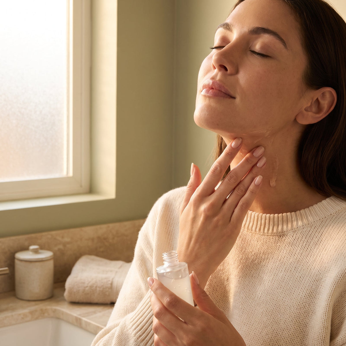 Woman applying a lightweight gel serum to her jawline and neck