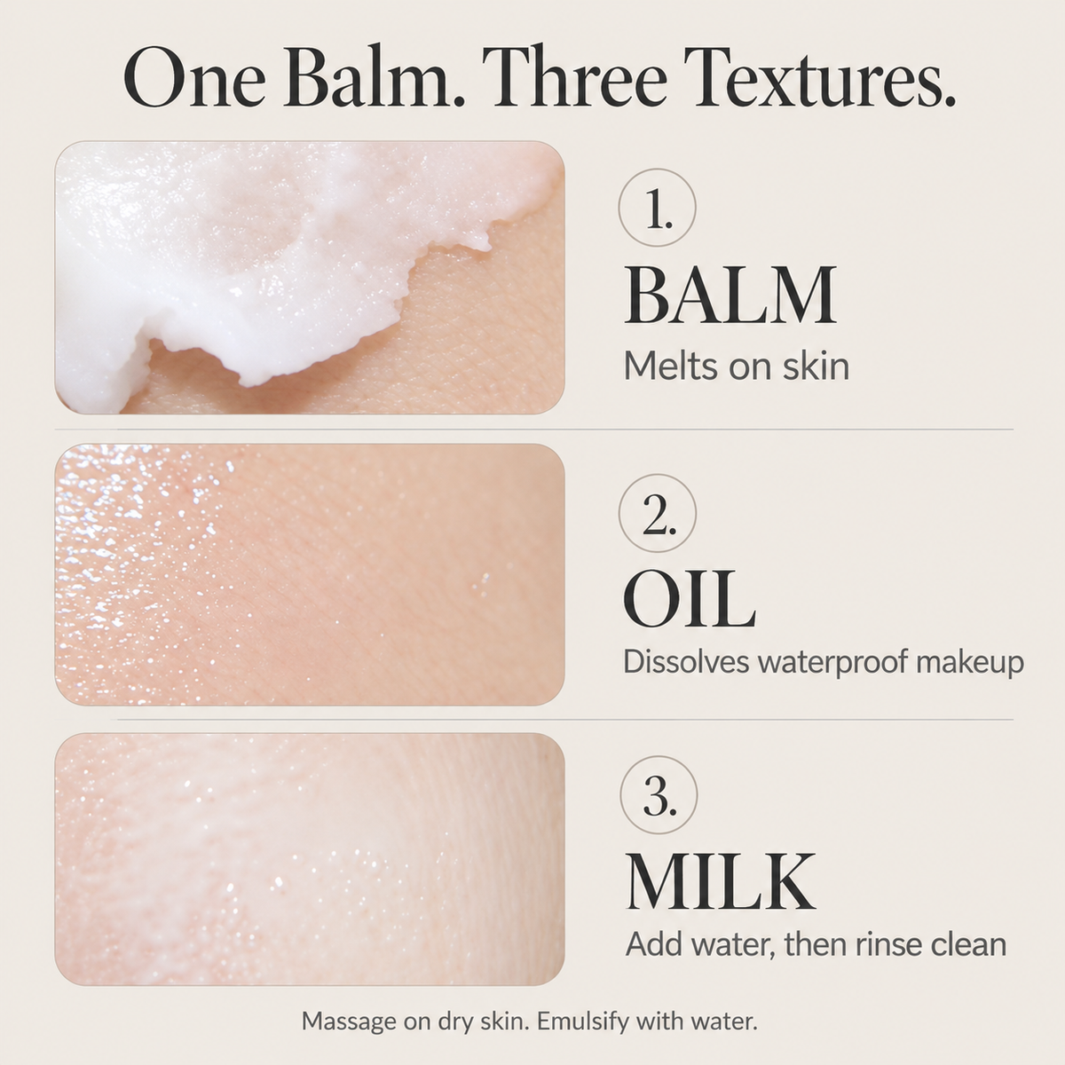 Cleansing balm texture guide: balm melts on skin, oil dissolves makeup, and water creates a rinse-off milk
