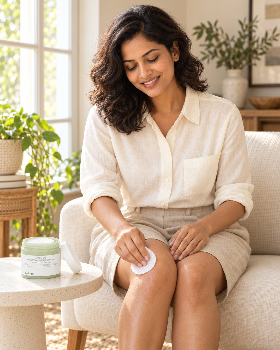 Illustrative demonstration of a woman gently swiping a Celimax body-care pad over her knee with the open jar beside her
