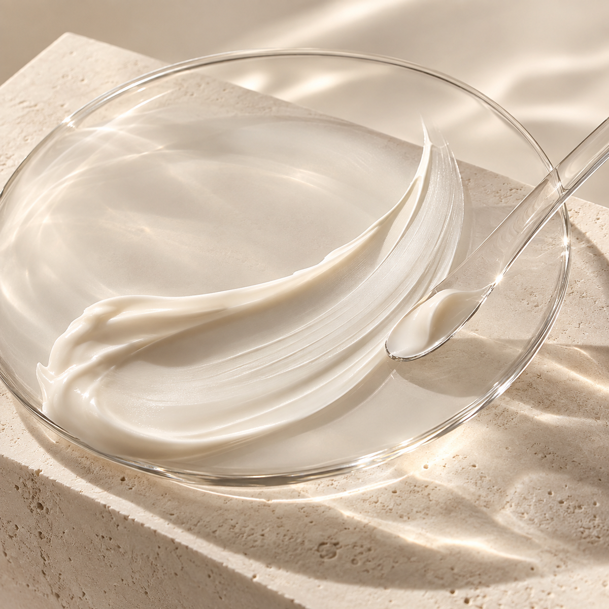 Illustrative cream texture on glass with a cosmetic spatula