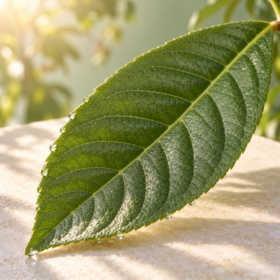 Illustrative botanical leaf detail for the Melazero V2 brightening blend