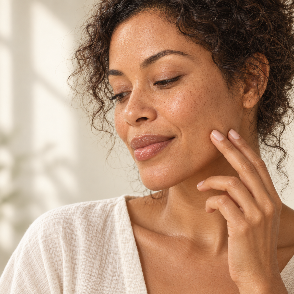 Illustrative portrait of a woman with natural skin texture, fingertips resting on her cheek