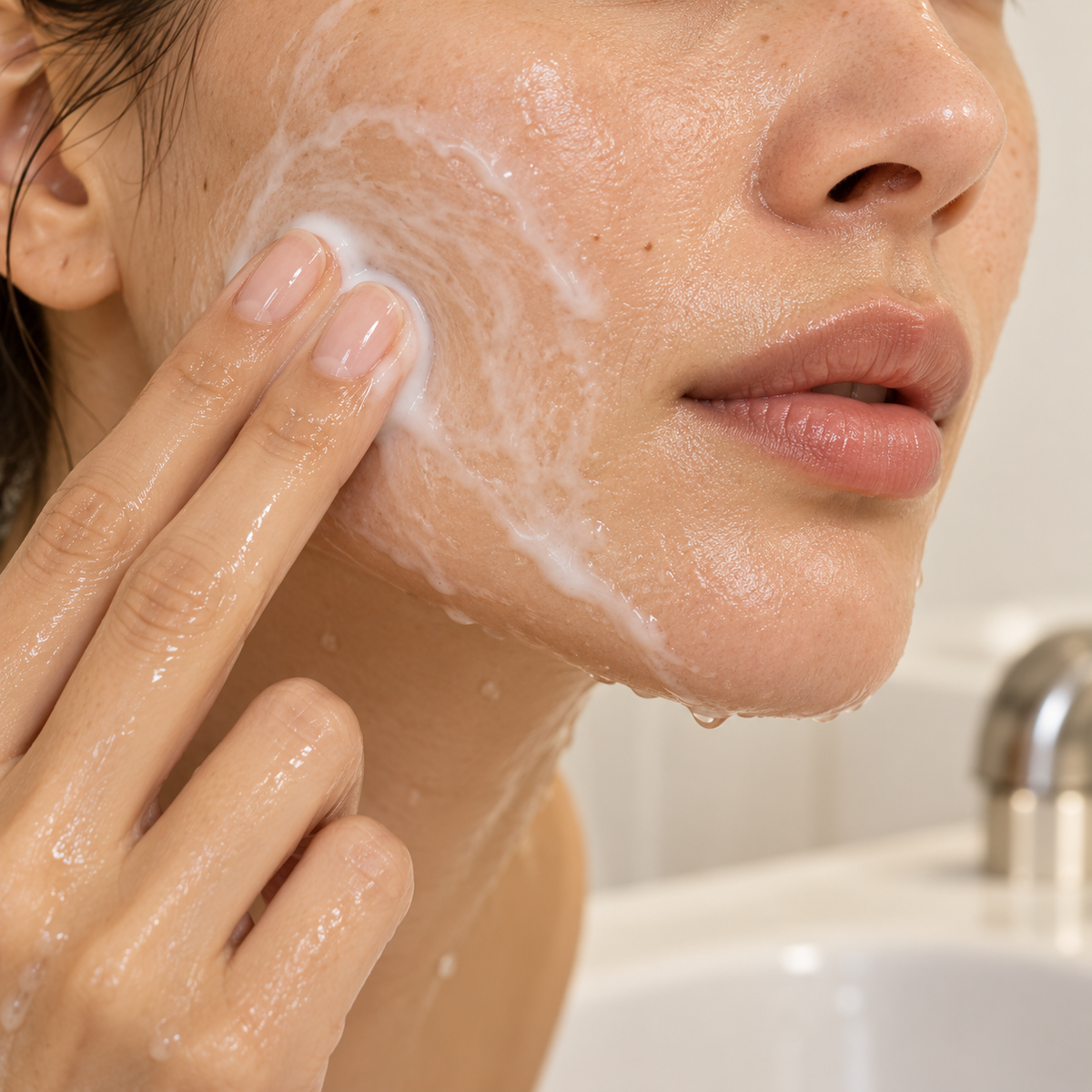 Illustration of adding water and gently massaging cleansing balm into a milky emulsion