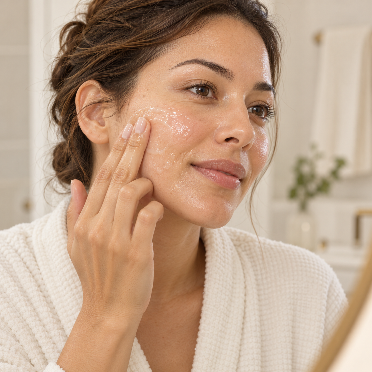 Illustration of gently massaging a thin cleansing balm layer over the cheek