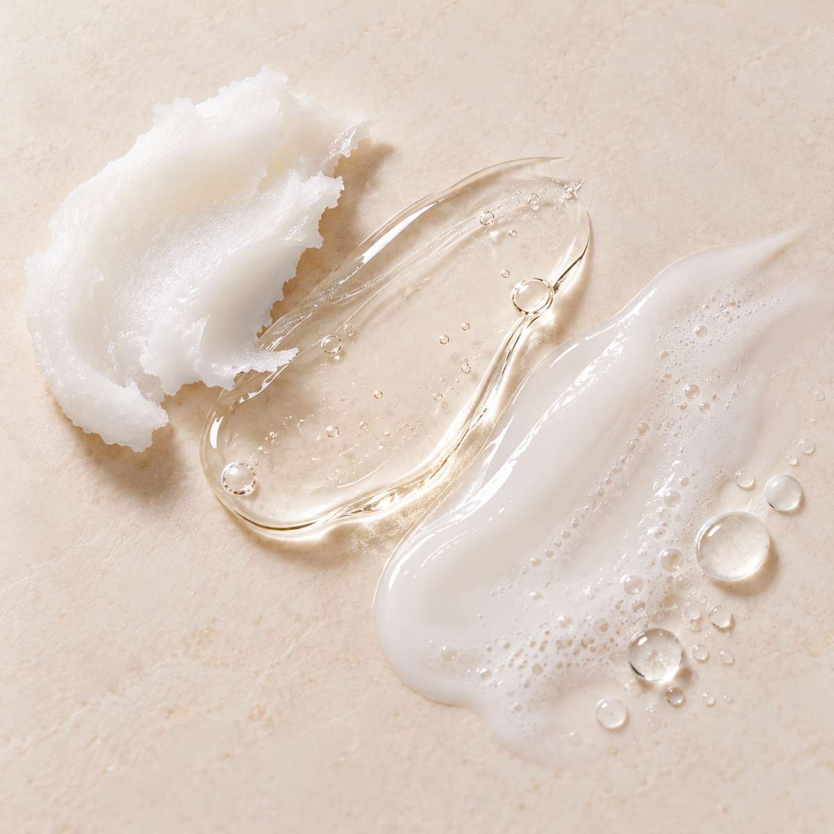 Texture illustration showing white balm, clear oil and milky cleansing emulsion