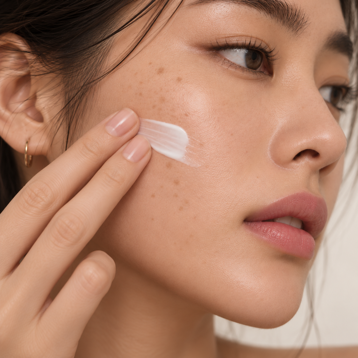 Close-up of fingertips gently spreading moisturizer across the cheek