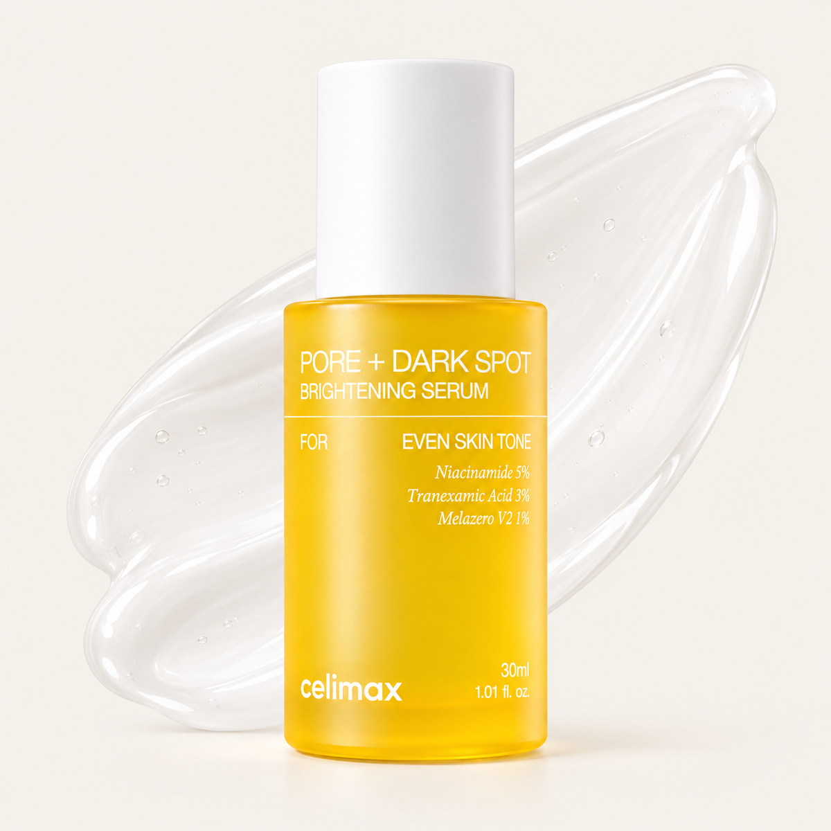 Celimax Pore + Dark Spot Brightening Serum 30 mL bottle with an illustrative gel texture on an ivory background
