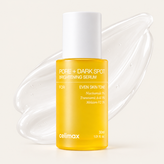 Celimax Pore + Dark Spot Brightening Serum 30 mL bottle with an illustrative gel texture on an ivory background