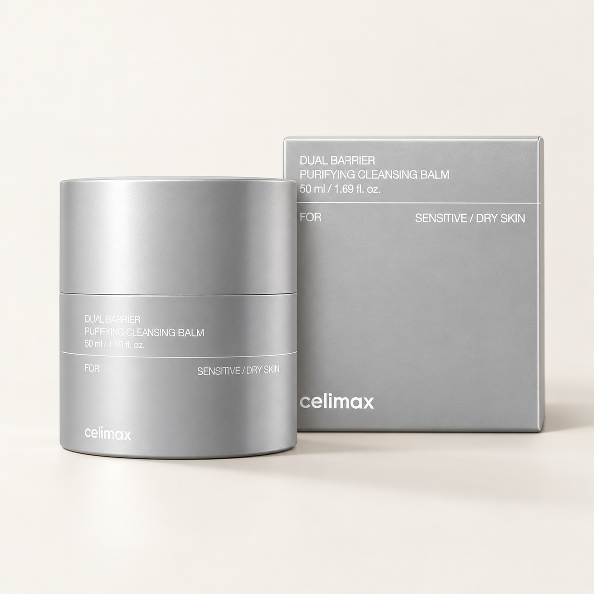 Celimax Dual Barrier Purifying Cleansing Balm 50 ml silver-gray jar and carton on an ivory background