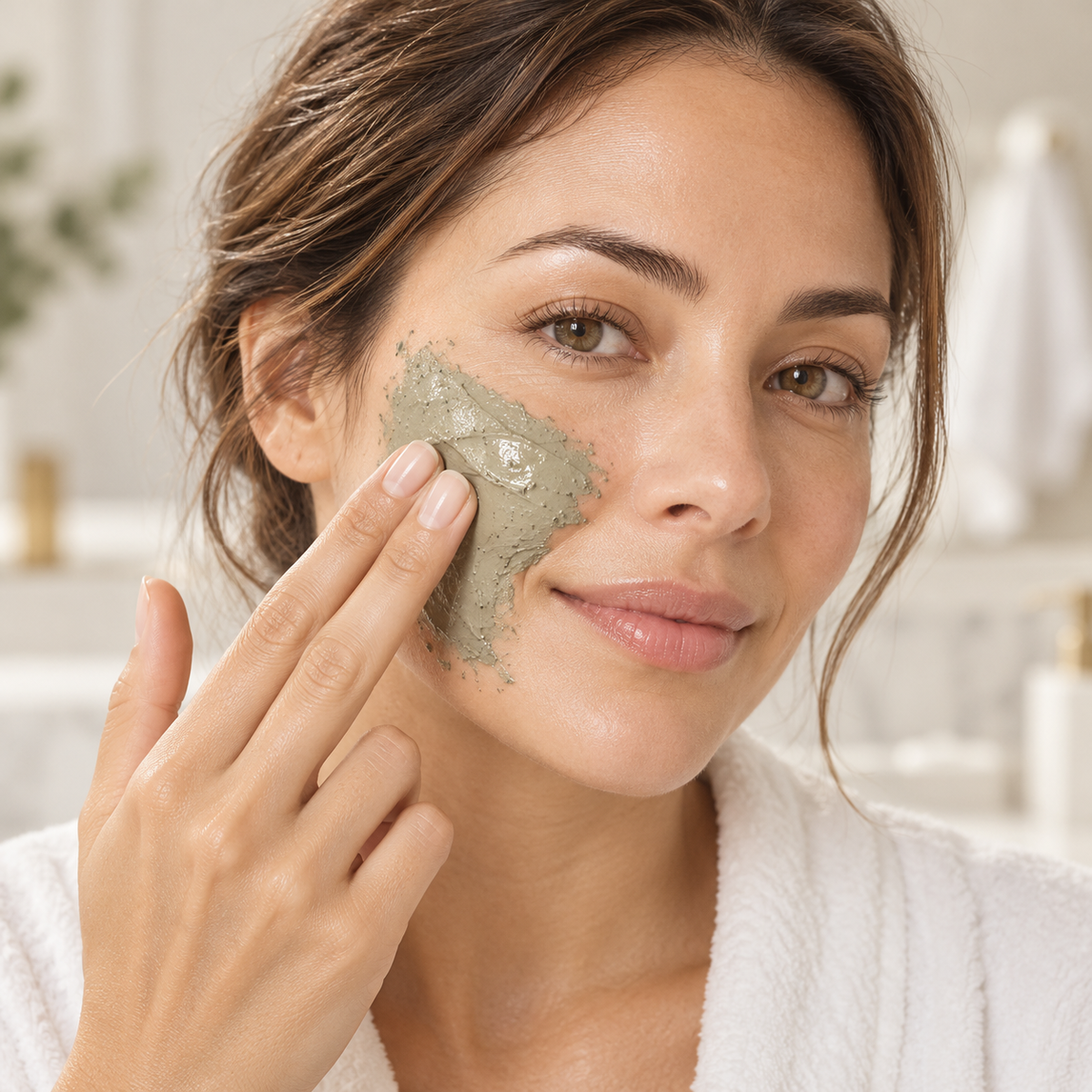 Illustration of a woman gently applying an olive-gray clay face mask to her cheek