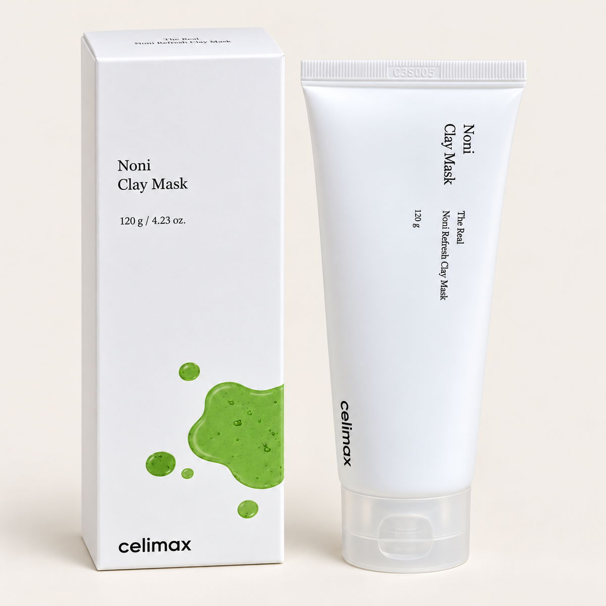 Celimax The Real Noni Refresh Clay Mask 120 g tube and box on a warm ivory background