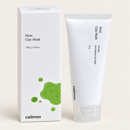 Celimax The Real Noni Refresh Clay Mask 120 g tube and box on a warm ivory background