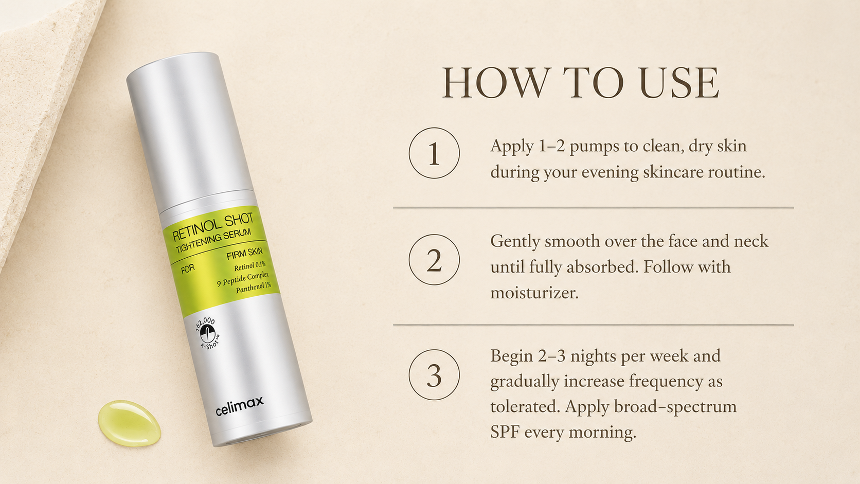 How-to-use guide for the Celimax Retinol Shot Tightening Serum showing three numbered evening application steps