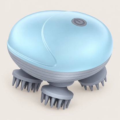 Blue electric scalp massager with four grey silicone kneading heads on a light beige background