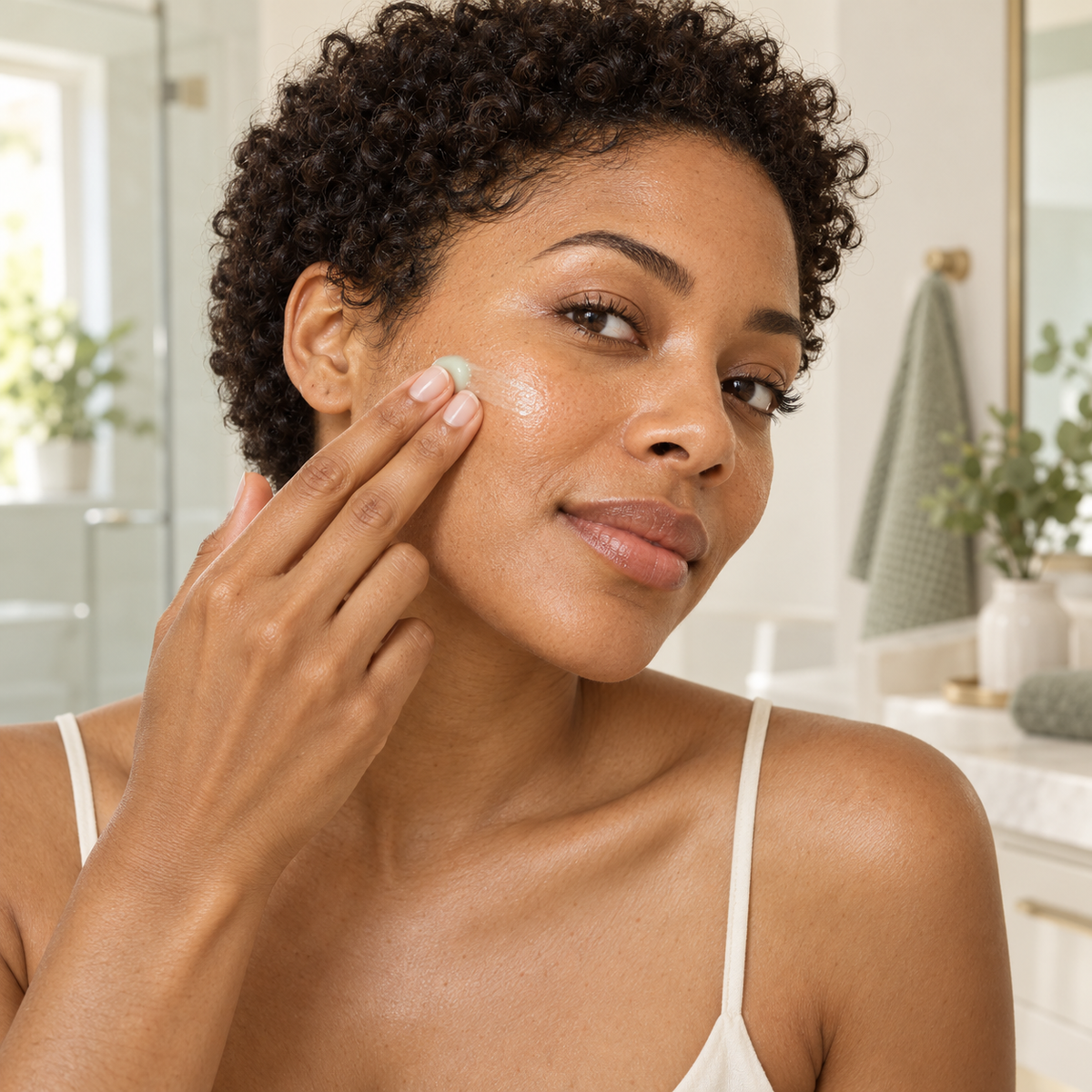 Woman applying a small amount of pale mint cica gel-cream to her cheek