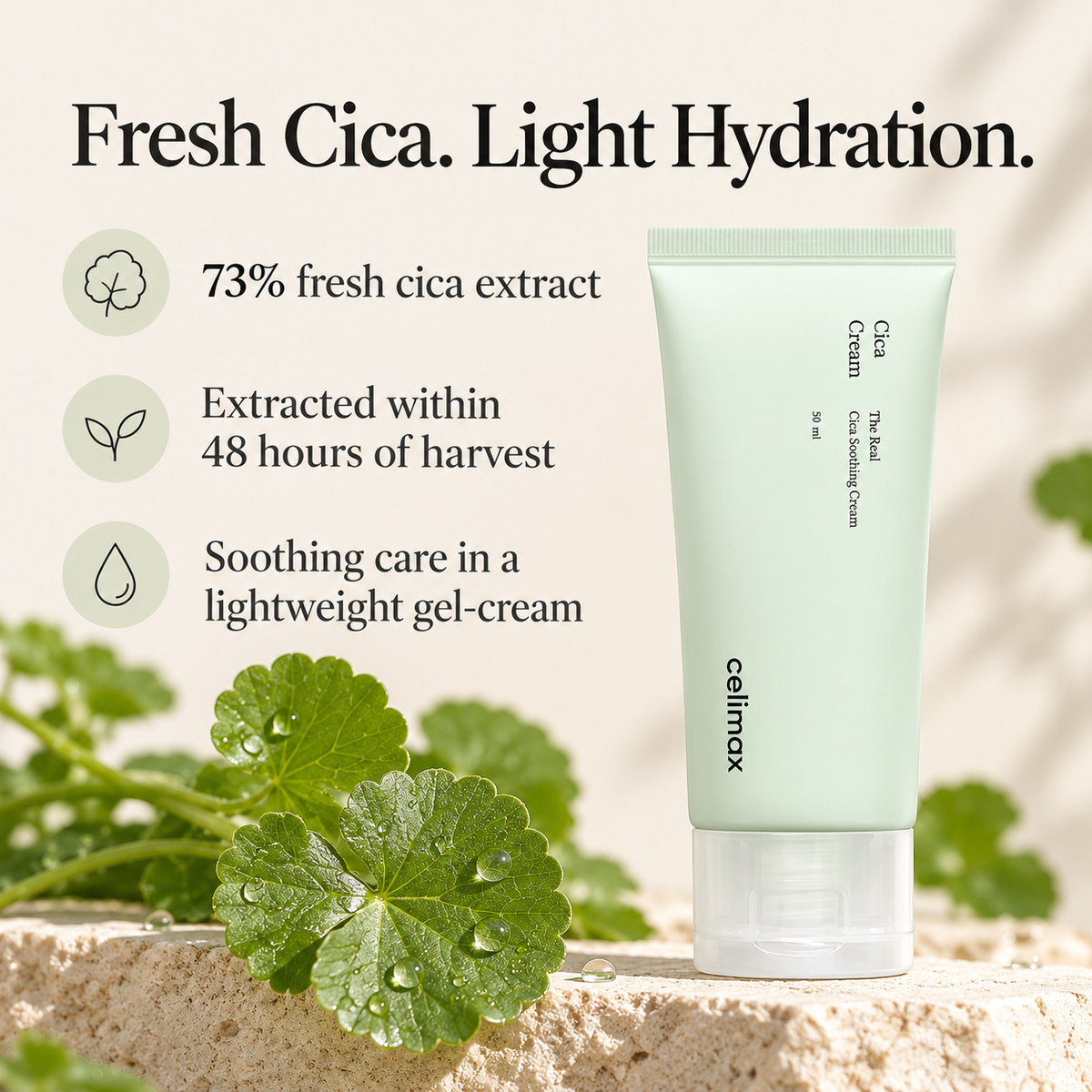 Celimax Cica Cream with 73% fresh cica extract and lightweight hydration benefits
