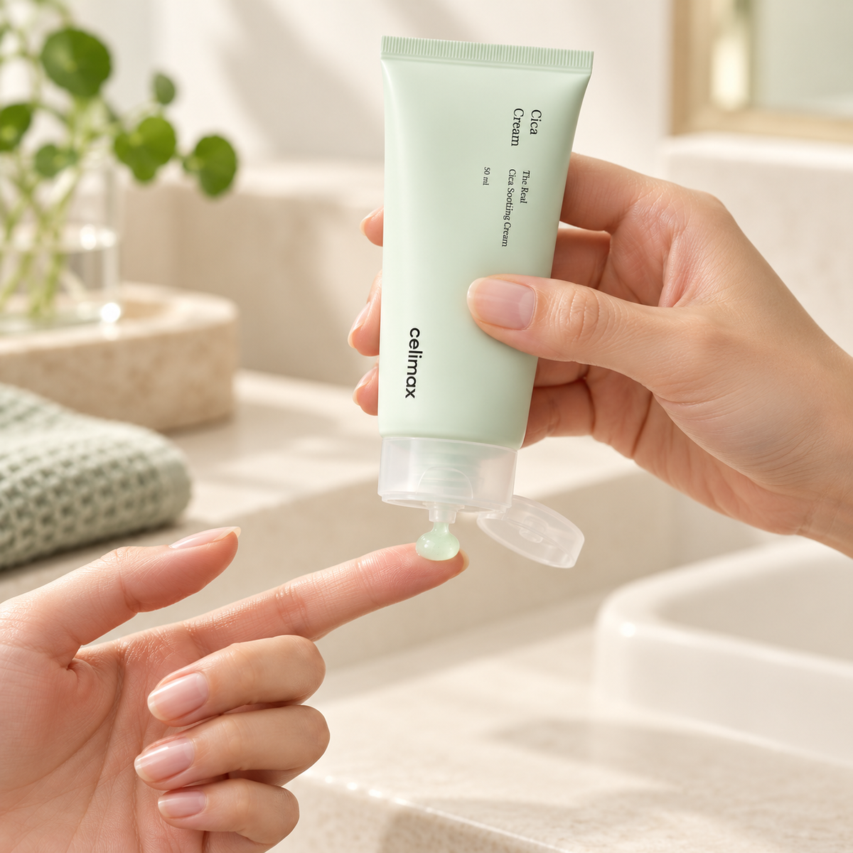 Pea-sized amount dispensed from Celimax Cica Cream 50 ml tube onto a fingertip