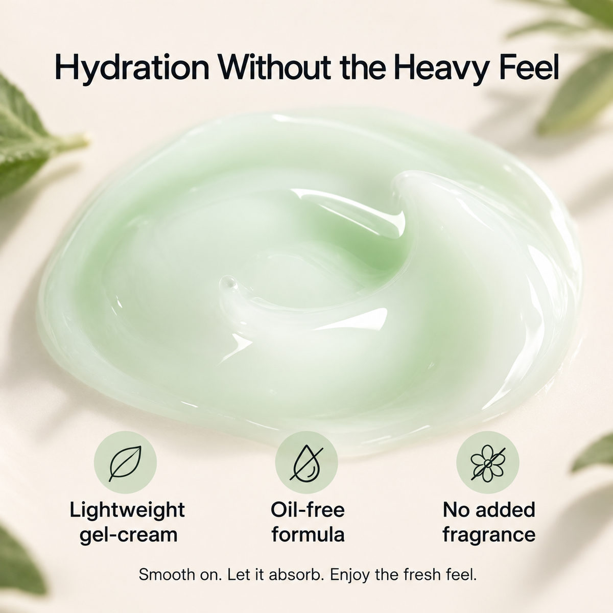 Pale mint gel-cream texture with oil-free and fragrance-free formula highlights