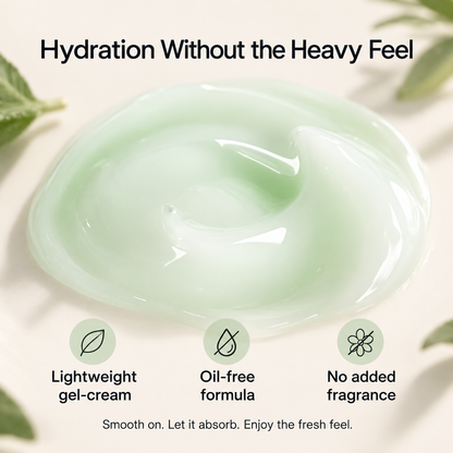 Pale mint gel-cream texture with oil-free and fragrance-free formula highlights