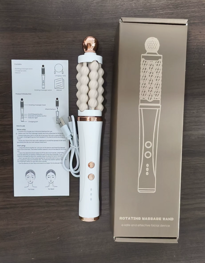 Actual 3D Wave massager with its box, USB charging cable and instruction leaflet