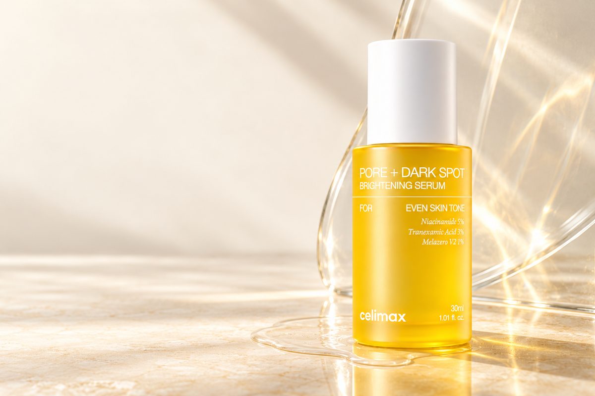 Illustrative Celimax Pore + Dark Spot Brightening Serum campaign with clear gel and sunlit glass.