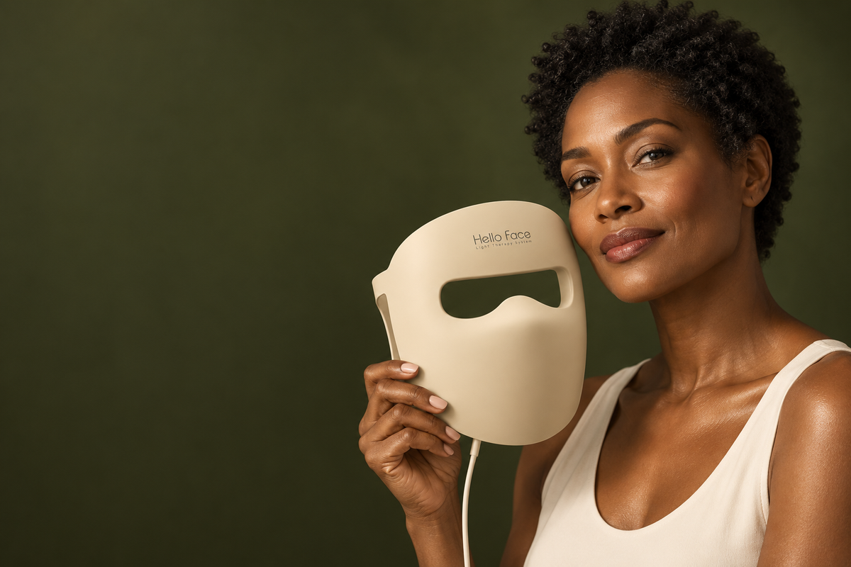 Illustrative campaign image of a woman holding a champagne-colored Hello Face LED mask beside her face.