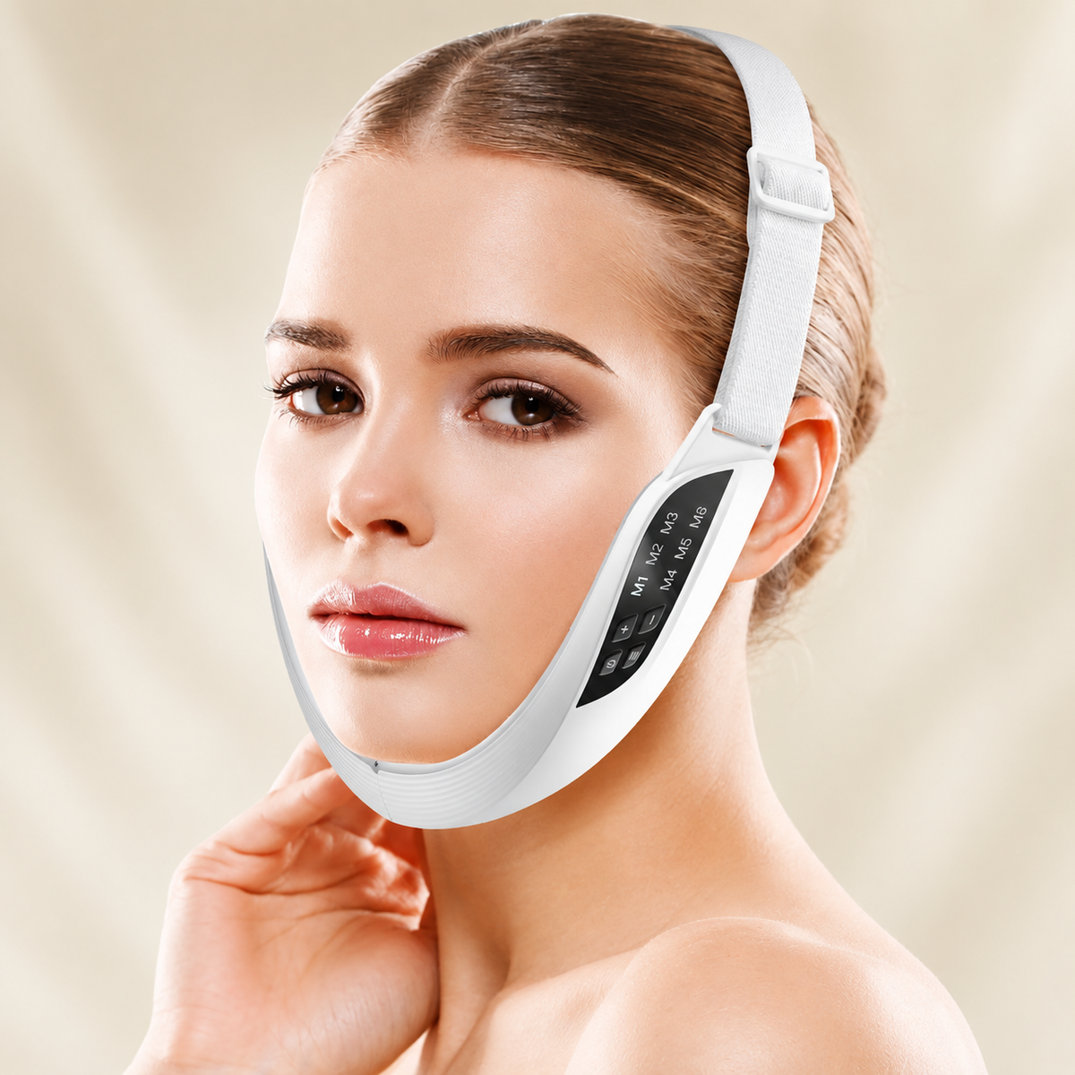 Editorial fit illustration of a woman wearing the white 106D36 EMS facial massager with its adjustable headband
