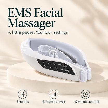 White EMS facial massager model 106D36 with adjustable strap and black control panel; 6 modes, 8 intensity levels and 15-minute auto-off