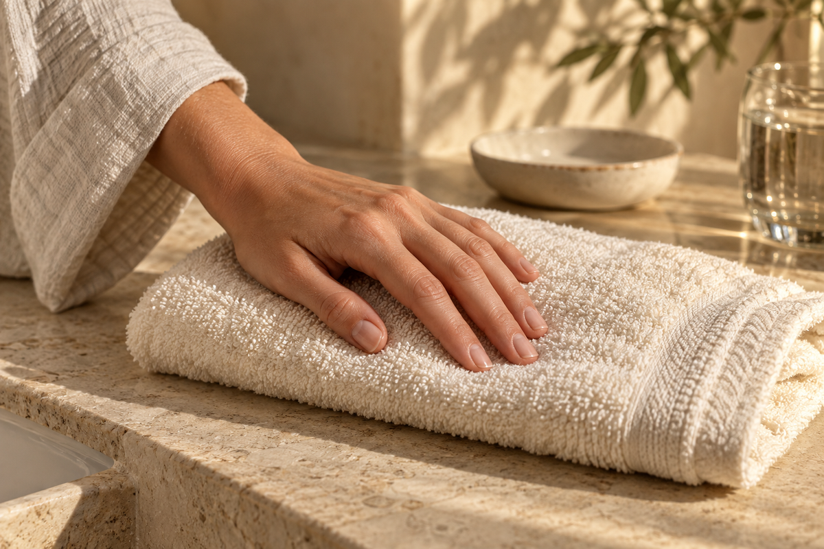A hand resting on an ivory face towel beside a ceramic dish on a sunlit stone vanity
