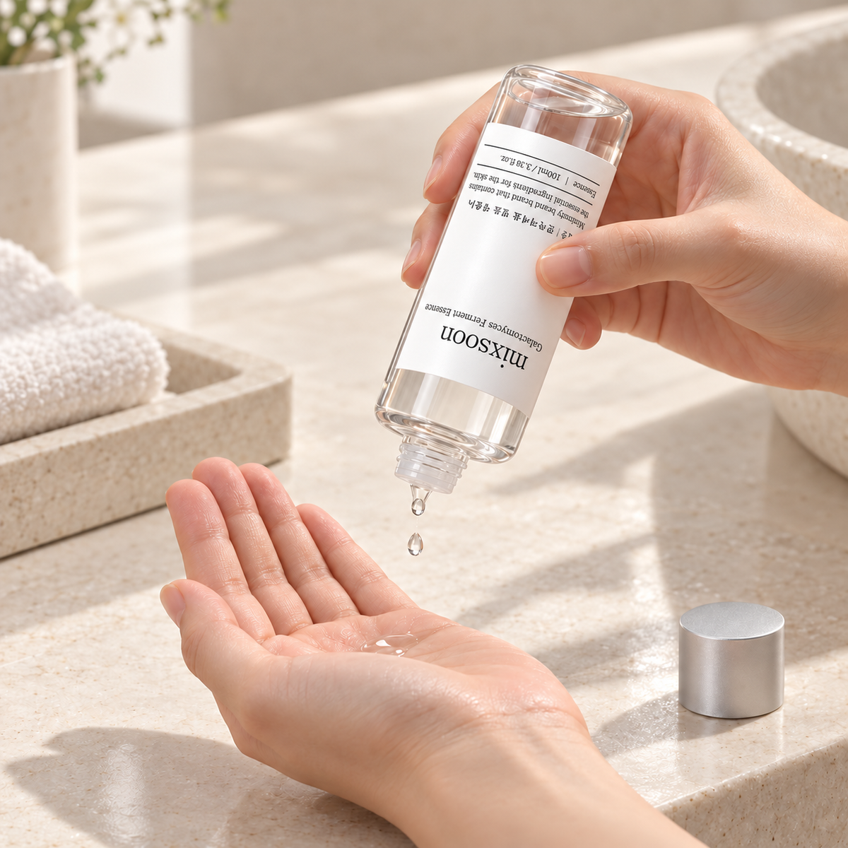 Mixsoon Galactomyces Essence poured into a palm, with the label naturally inverted
