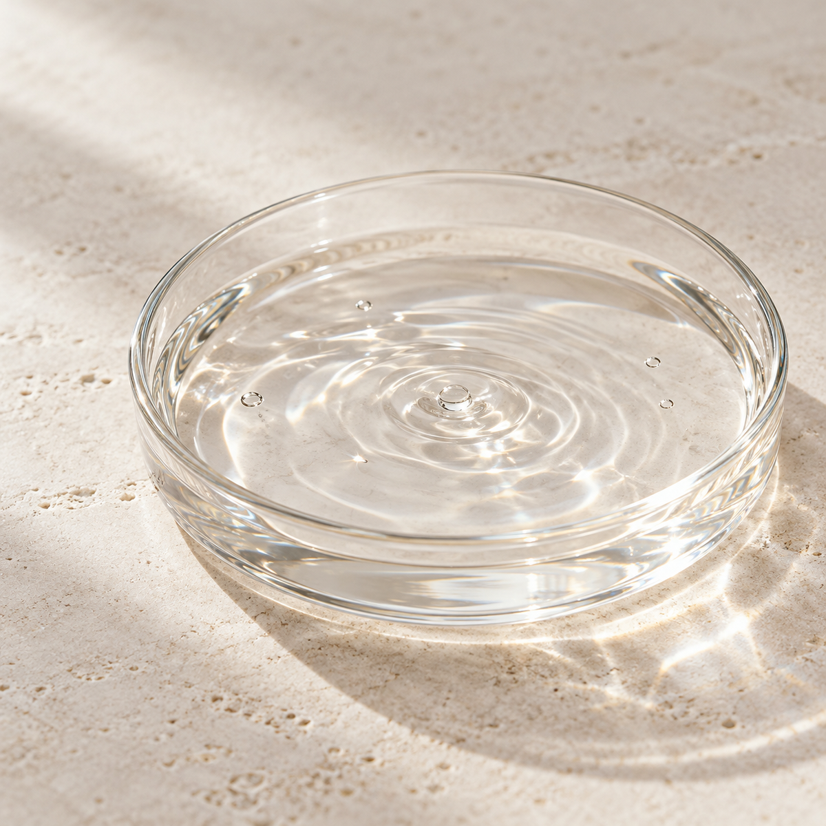 Clear watery essence texture in a glass dish