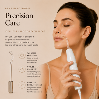 Bent glass electrode of the high-frequency wand for the eye area, neck and neckline