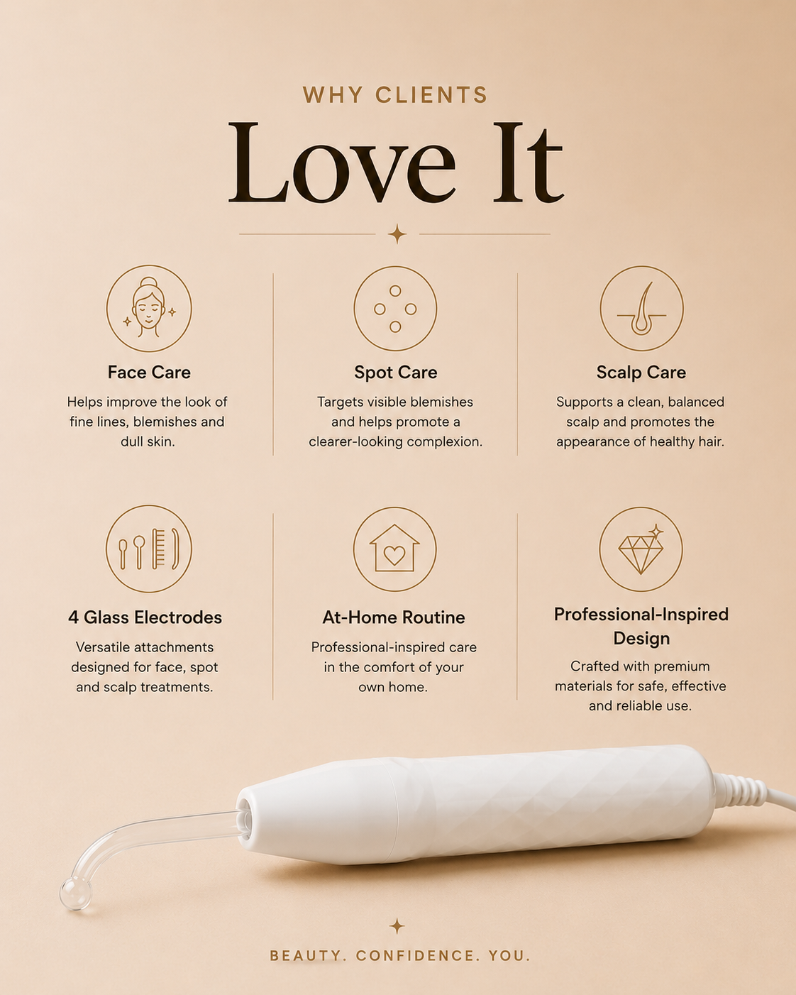 Professional at-home high-frequency wand with Mushroom Tongue Comb and Bent glass electrodes for face and scalp