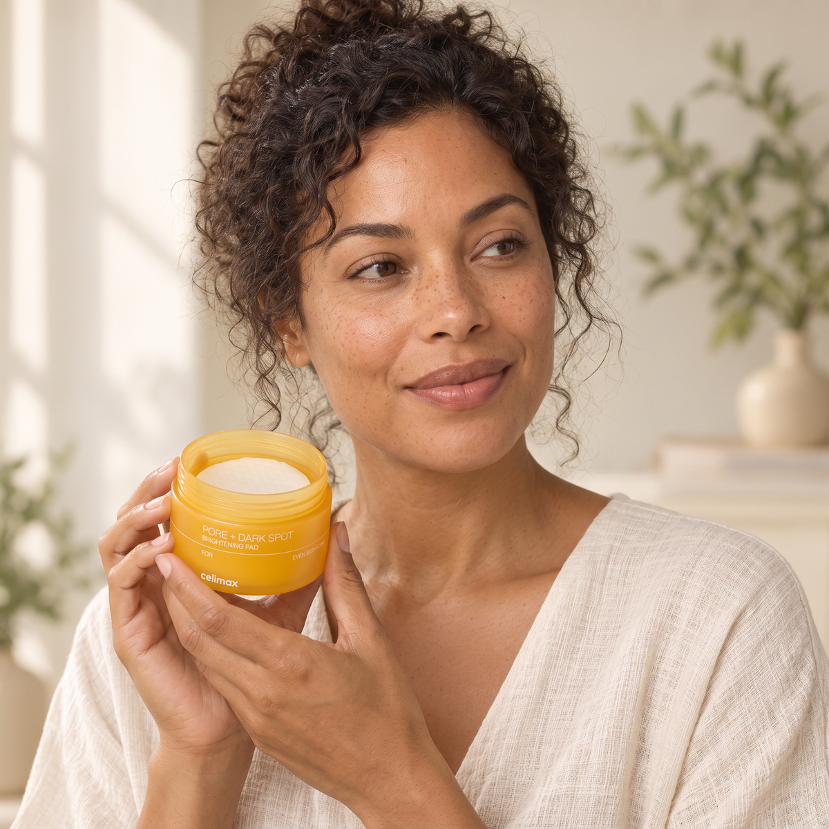Woman in cream linen robe holding an open jar of Celimax Pore + Dark Spot Brightening Pad in a warm, naturally lit home setting