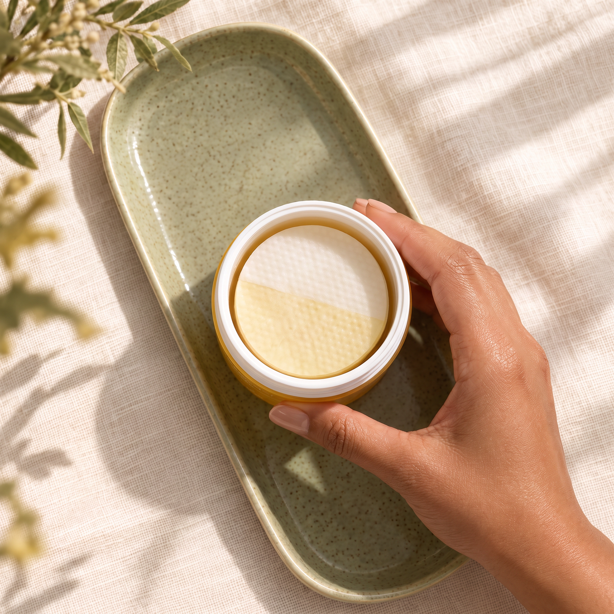 Hand holding open jar of Celimax Pore + Dark Spot Brightening Pad on a sage-green ceramic tray with linen backdrop
