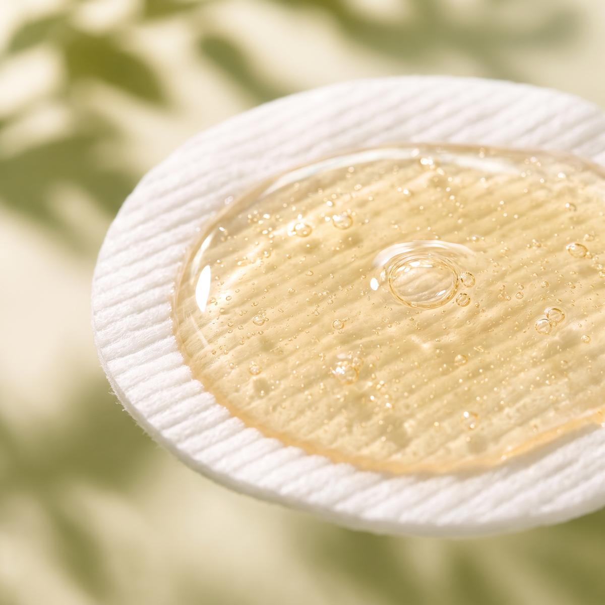 Macro shot of golden toner essence on a textured cleansing pad surface with fine bubbles