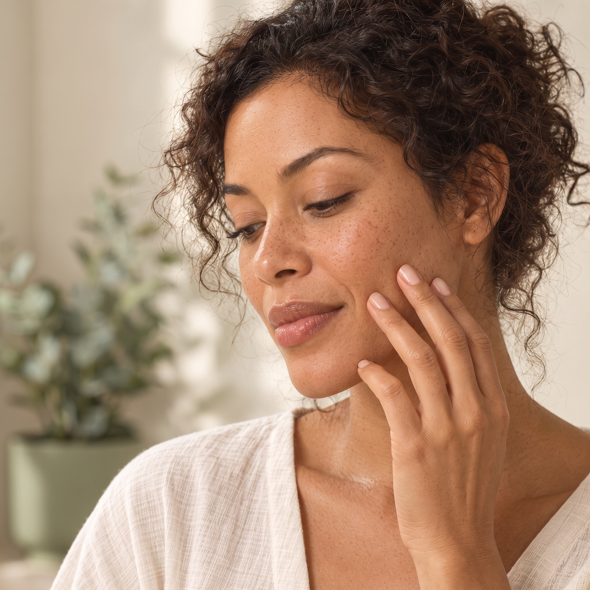 Close-up natural skin portrait with fingertips resting on cheek, soft warm light