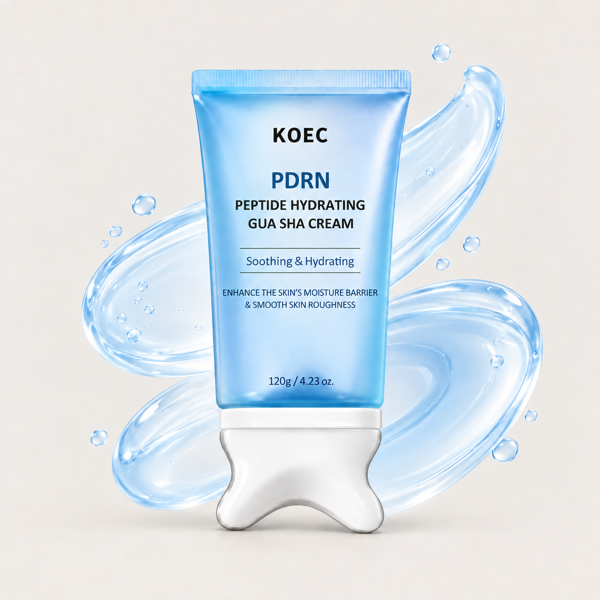 KOEC PDRN Peptide Hydrating Gua Sha Cream 120g blue tube with built-in applicator and blue gel swirls
