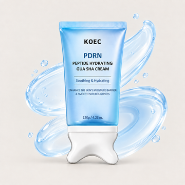 Blue KOEC PDRN Peptide Hydrating Gua Sha Cream 120g tube with silver-white applicator and blue gel swirls