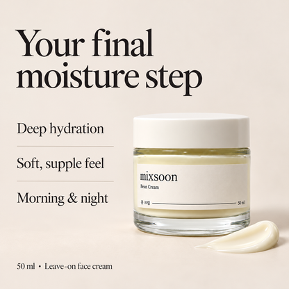Mixsoon Bean Cream moisture guide: deep hydration, soft supple feel, morning and night
