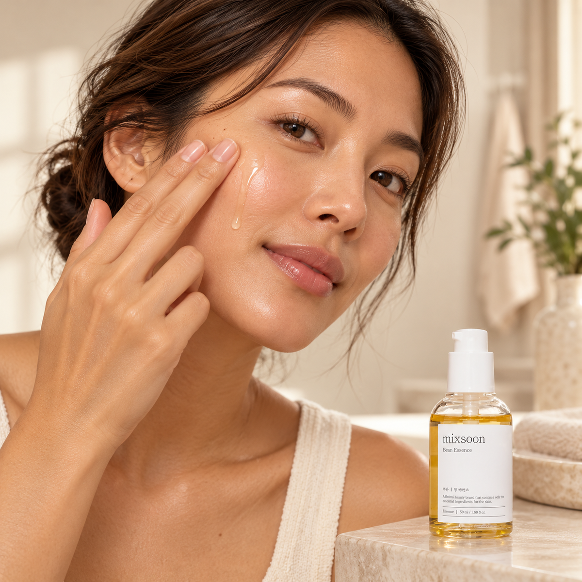 Woman gently applying mixsoon Bean Essence to her cheek