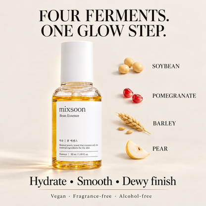 Mixsoon Bean Essence bottle with small soybean, pomegranate, barley and pear ingredient cues