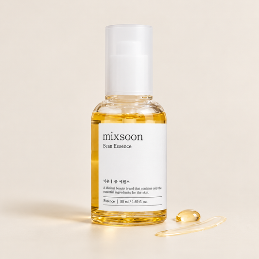 Mixsoon Bean Essence 50 ml bottle with a pale golden essence drop and smear